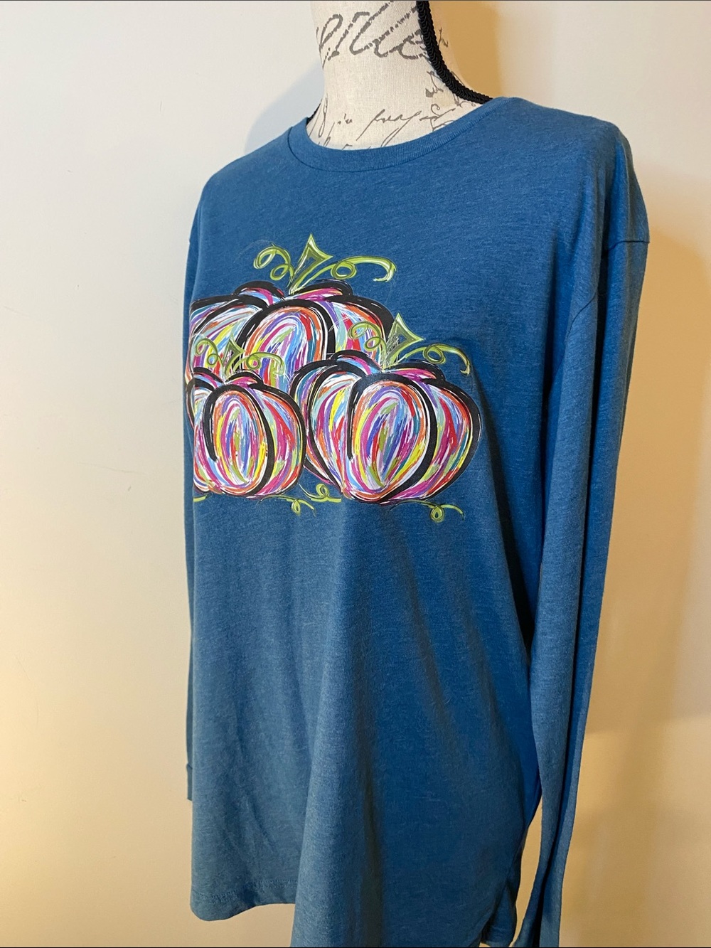 Bella Canvas Blue Long-Sleeve Tee with Multicolor Pumpkin Art